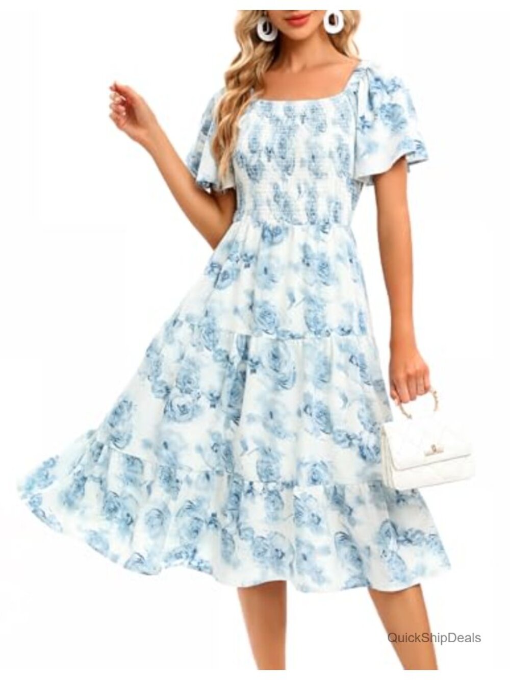 Floral Square Neck Smocked Midi Dress Puff Sleeve Boho Beach